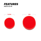 Two red circular foam pads shown on a white background, labeled as feature comparison sizes 1.25 IN and 2 IN, with the text 'FEATURES M0312 V2-PK' above. M0312 V2-PK Mini Cordless Polishing Pads Kit