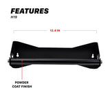 Black metal H19 bracket with a powder-coated finish, shown on a white background with feature callouts including 'FEATURES H19', '12.4 IN' width, and 'POWDER COAT FINISH'. H19 Towel Holder Wall Mount Microfiber Towel Roll Towel Rack