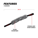 A black and white plush microfiber wheel scrubbing belt with a black loop handle, shown on a white background with feature callouts and text including 'FEATURES 112000WS', '29 IN', 'PLUSH MICROFIBER', and 'STRONG LOOP STRAP HANDLE'. 112000WS Microfiber Wheel Scrubbing Belt - 2 Pack