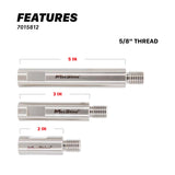 Three silver MaxShine metal threaded adapters shown on a white background, labeled 5 IN, 3 IN, and 2 IN, with text reading FEATURES and 5/8" THREAD. 7015812 Shaft Extension Set for Rotary Polishers - 2in, 3in, 5in