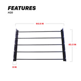 A black metal PPF rack labeled H20 with dimension callouts showing 64.6 inches width, 43.3 H20 Wall Mounted Film Hanger - PPF and Vinyl 5 Roll Holder