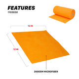 Bright orange microfiber cloth shown with a matching rolled piece on a white background, labeled with dimensions 12 IN by 12 IN and text reading 260GSM MICROFIBER and FEATURES 1103030. 1103030 260GSM Microfiber Tear-Away Towel Roll