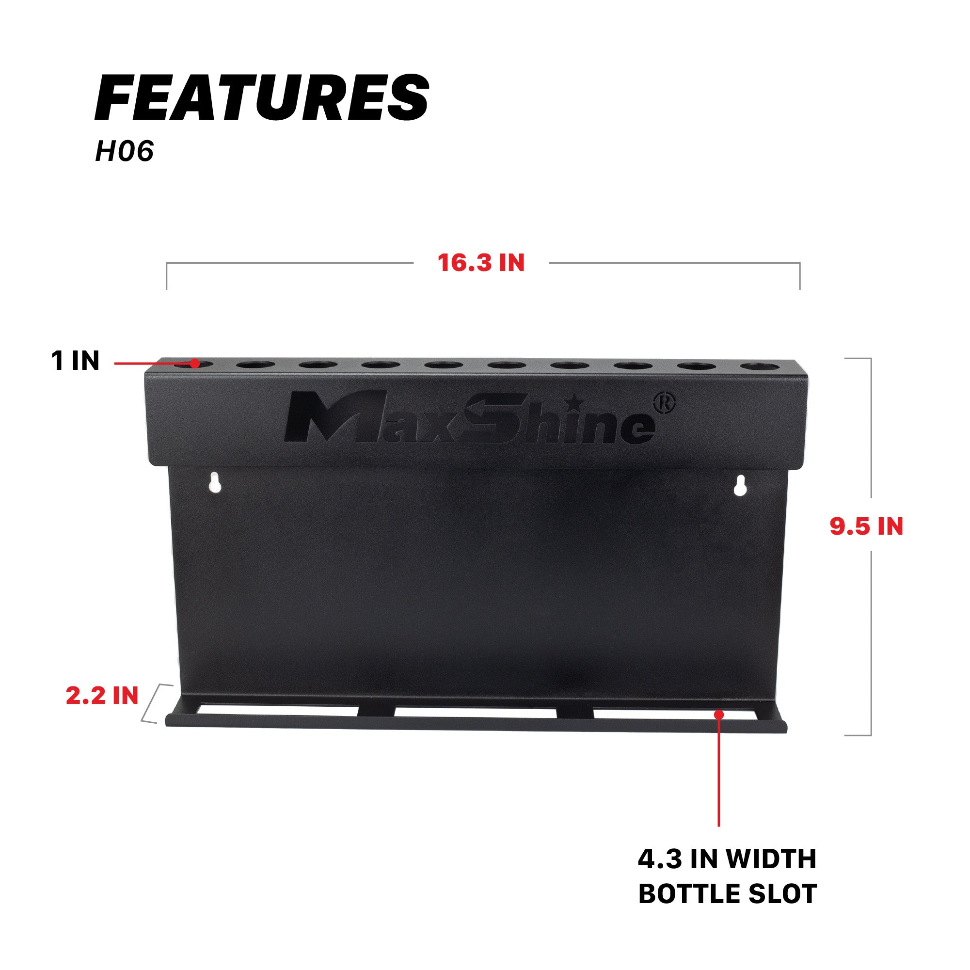 Black MaxShine H06 bottle rack with overlaid dimensions showing 16.3 inches width, 9.5 inches tall H06 Wall Mount Tool Holder