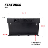 Black MaxShine H06 bottle rack with overlaid dimensions showing 16.3 inches width, 9.5 inches tall H06 Wall Mount Tool Holder