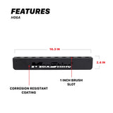 A product features diagram showing a black rectangular brush holder labeled H06A with dimensions: 16.3 inches long, 2.4 inches tall. H06A Car Detailing Brush Holder