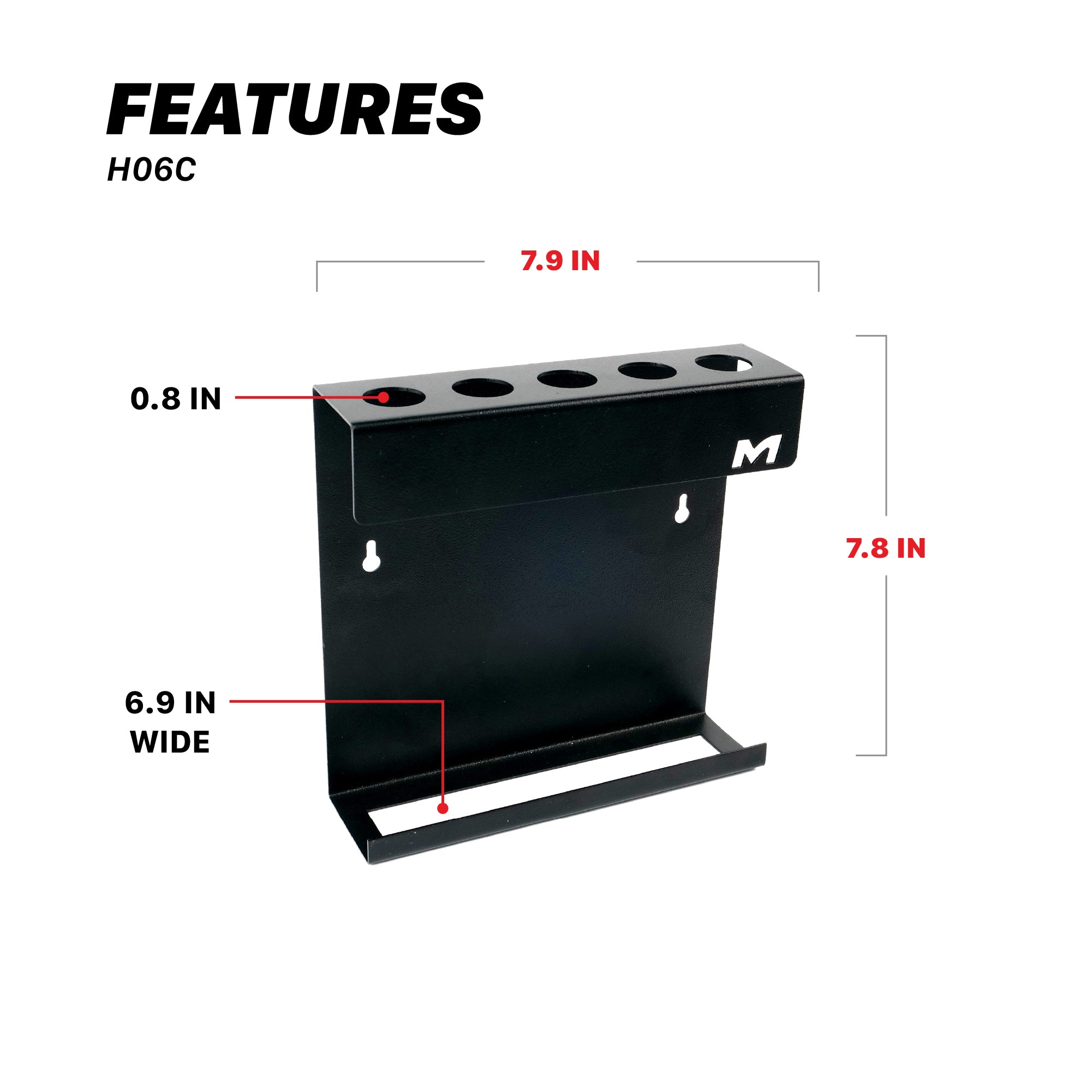 Black metal H06C rack shown on a white background with dimension callouts: 7.9 inches wide, 7.8 inches tall H06C Wall Mount Tool Holder
