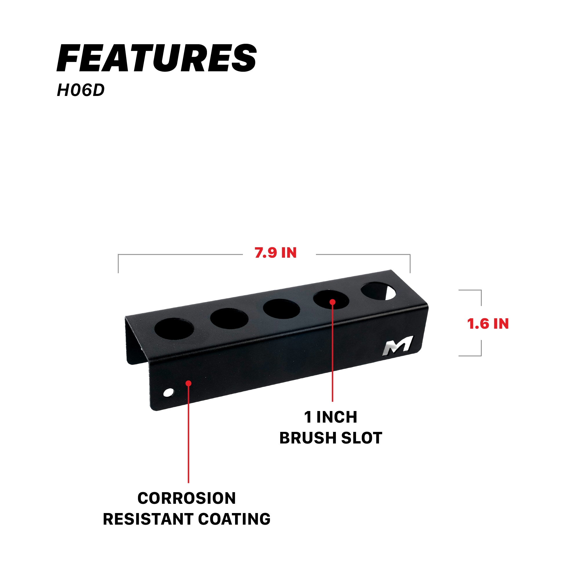A black metal 5-hole brush holder with dimension annotations showing 7.9 inches in length, 1.6 inches tall H06D Car Detailing Brush Holder