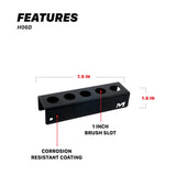 A black metal 5-hole brush holder with dimension annotations showing 7.9 inches in length, 1.6 inches tall H06D Car Detailing Brush Holder