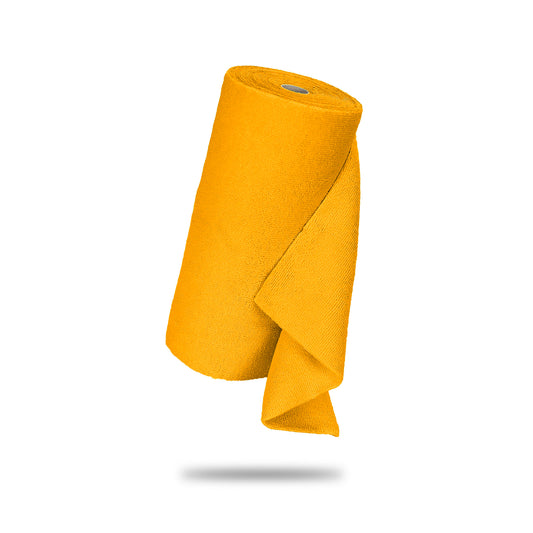 A roll of bright orange microfiber towel roll, shown floating against a plain white background with a soft shadow underneath. 1103030 260GSM Microfiber Tear-Away Towel Roll