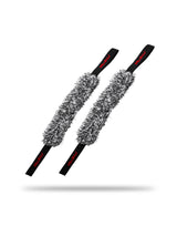 Two black and white shaggy wheel scrubbing belts with fabric handles, shown floating against a white background with a soft shadow underneath. 112000WS Microfiber Wheel Scrubbing Belt - 2 Pack