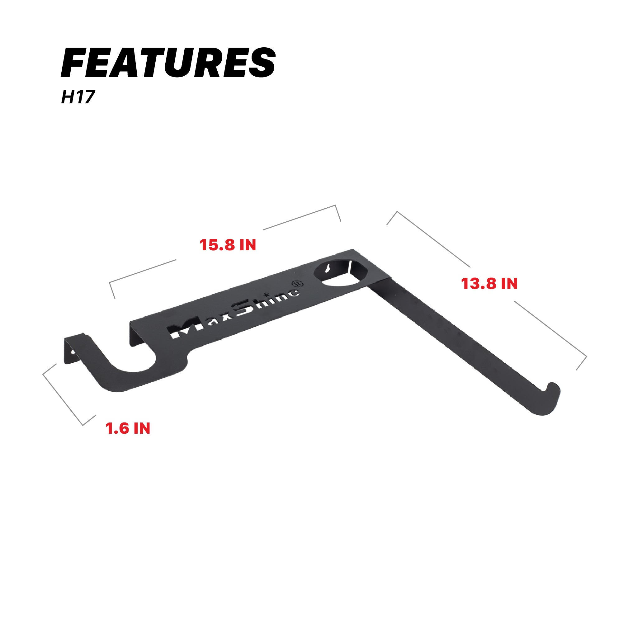Black metal mounting bracket with dimension annotations showing 15.8 in length, 13.8 H17 Touchless Car Dryer Wall Mounts