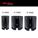 Three black MaxShine metal polishing pad wall mounts shown side by side on a white background, labeled 3" PADS, 5" PADS, and 6" PADS, with the MaxShine logo at the top. Polisher Pads Holders