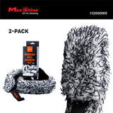 MaxShine 2-pack of microfiber wheel scrubbing belts, featuring one loose white and black shaggy belt, its retail packaging, and a close-up of the textured white and black microfiber material. 112000WS Microfiber Wheel Scrubbing Belt - 2 Pack