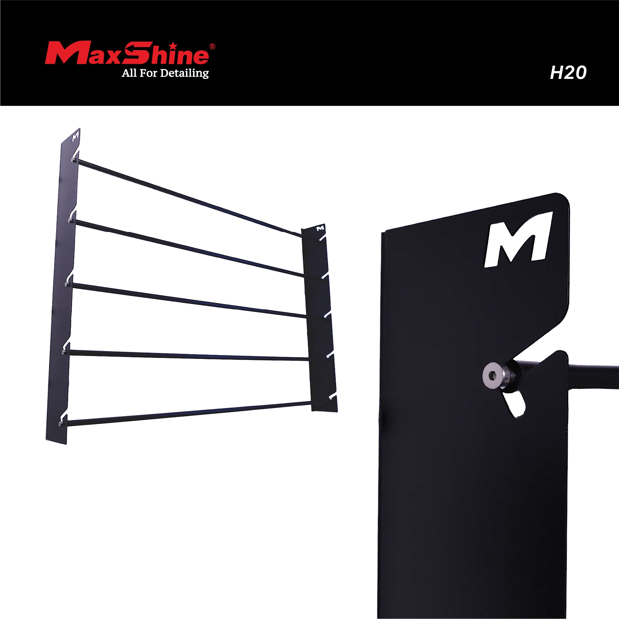 Black metal wall-mounted PPF rack shown from two angles on a white background, with a black MaxShine banner at the top containing the red MaxShine logo and the text H20. H20 Wall Mounted Film Hanger - PPF and Vinyl 5 Roll Holder