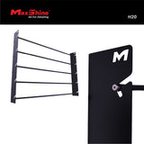 Black metal wall-mounted PPF rack shown from two angles on a white background, with a black MaxShine banner at the top containing the red MaxShine logo and the text H20. H20 Wall Mounted Film Hanger - PPF and Vinyl 5 Roll Holder