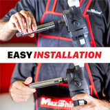 A split-screen demonstration showing a person installing a metal rod into a black MaxShine tool, with large text across the center reading 'EASY INSTALLATION'.  7015812 Shaft Extension Set for Rotary Polishers