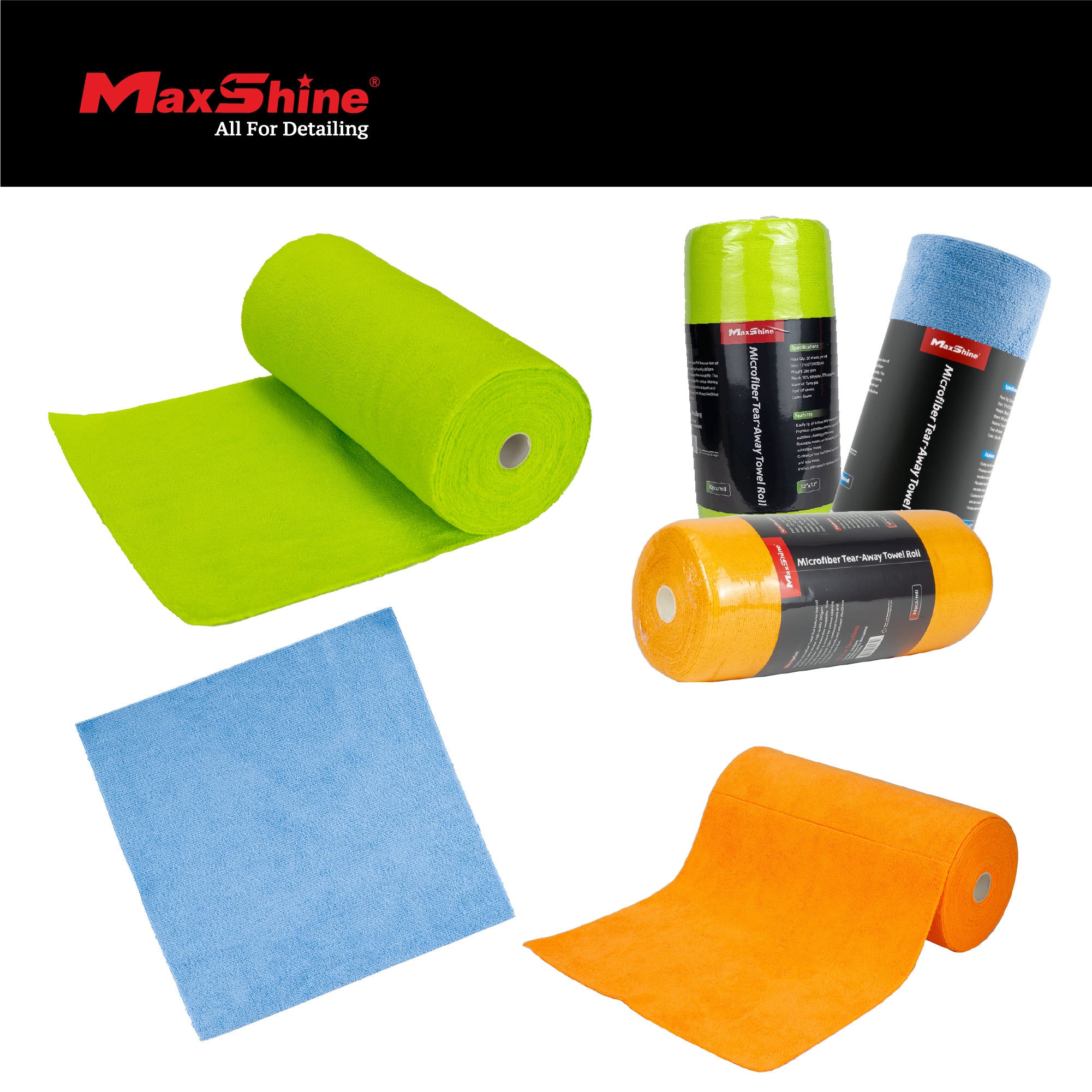 MaxShine car detailing towels and towel rolls shown on a white background with a black header. The products include lime green, light blue, and orange microfiber cloths, rolls, and packaged sets. 1103030 260GSM Microfiber Tear-Away Towel Roll