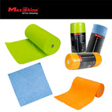 MaxShine car detailing towels and towel rolls shown on a white background with a black header. The products include lime green, light blue, and orange microfiber cloths, rolls, and packaged sets. 1103030 260GSM Microfiber Tear-Away Towel Roll