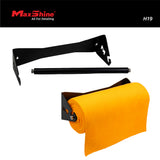 MaxShine H19 wall-mounted towel roll holder, featuring a black metal mounting bracket, a black cylindrical roller bar, and a bright orange microfiber towel roll, shown on a white background with a black header containing the MaxShine logo. H19 Towel Holder Wall Mount Microfiber Towel Roll Towel Rack