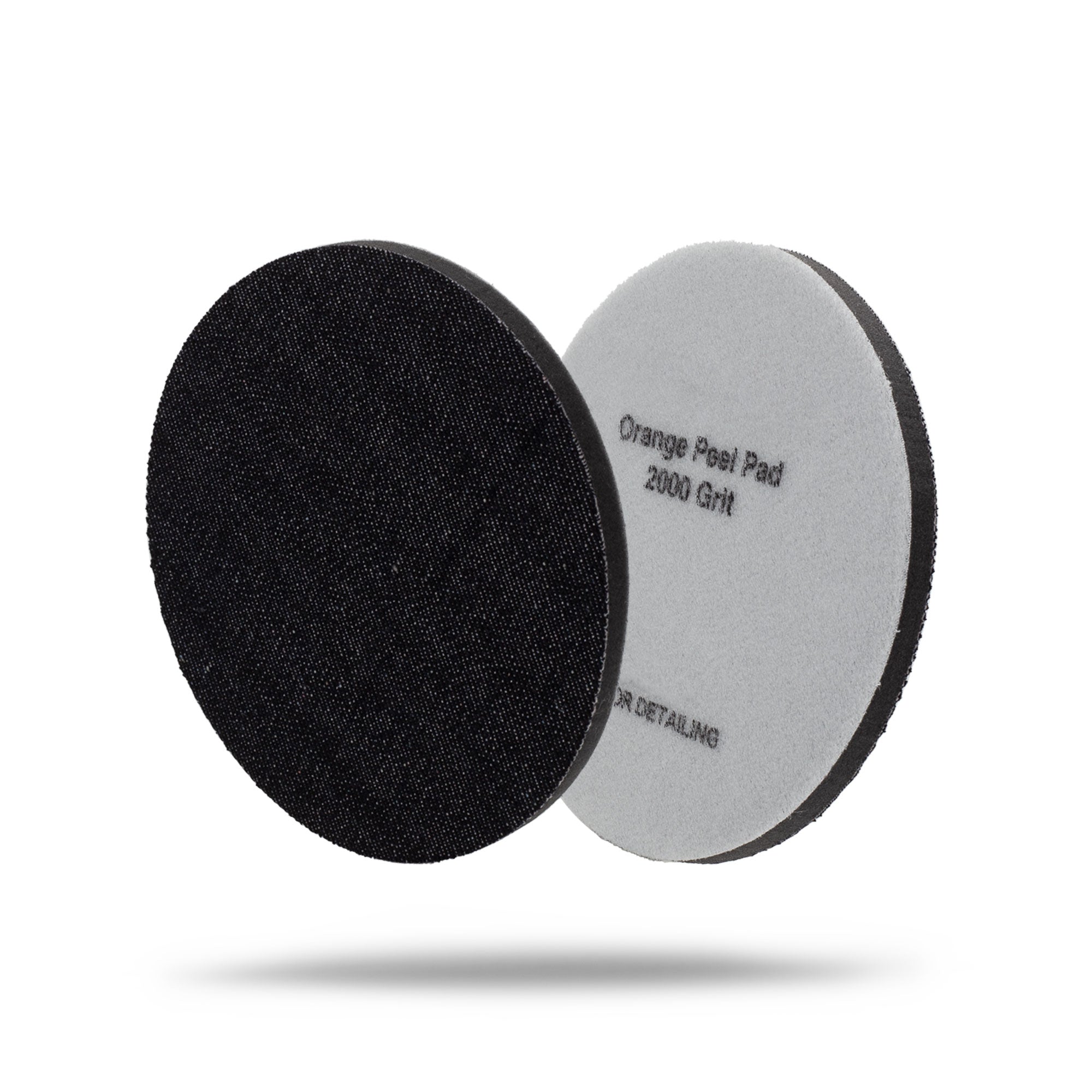Two circular orange peel sanding discs for automotive detailing, one showing the textured black abrasive side and the other showing the light gray backing with black text reading 'Orange Peel Pad 2000 Grit'. 2071080P Orange Peel Pads - 2000 Grit Denim 3in (2 Pack)
