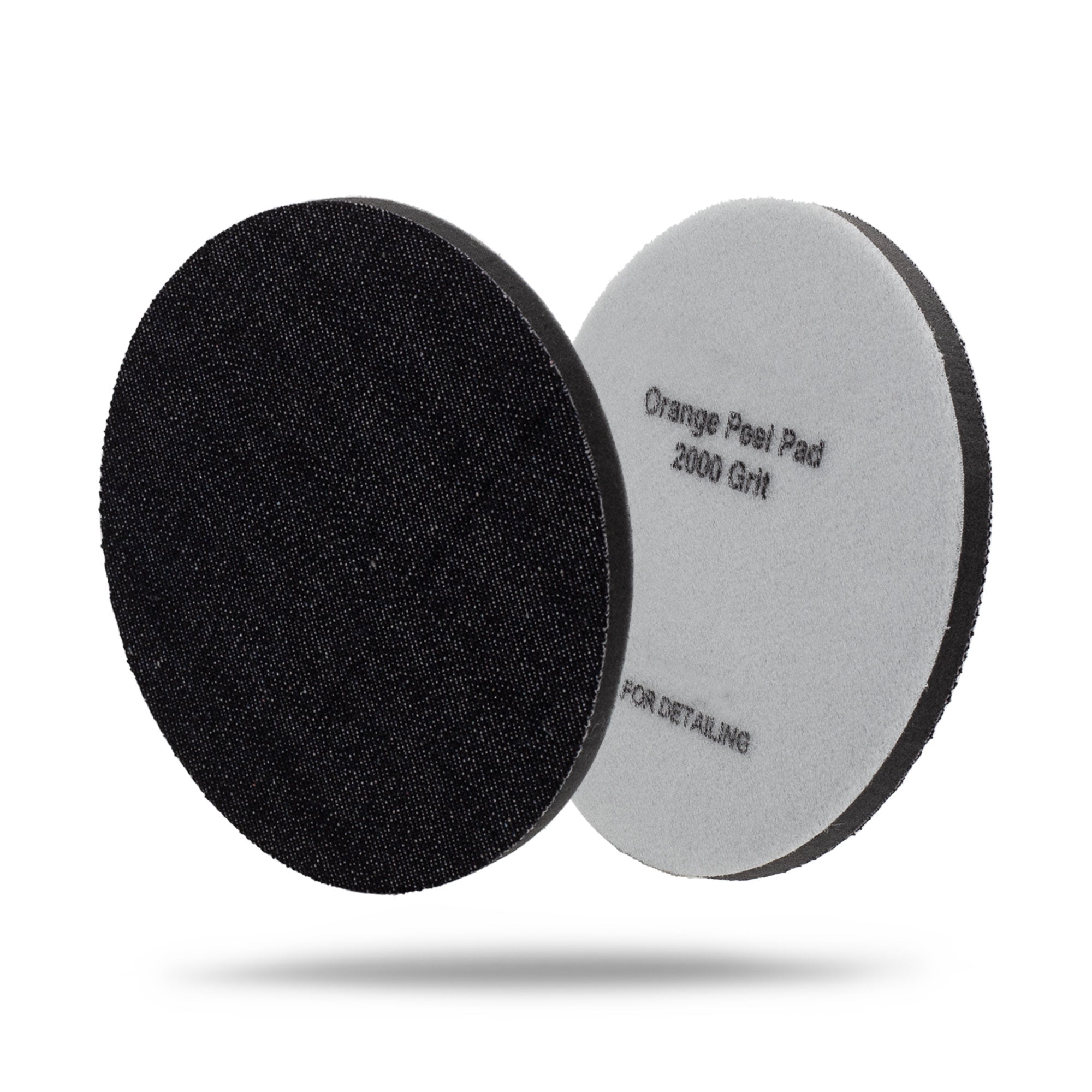 Two circular orange peel sanding discs for automotive detailing, one showing the textured black abrasive side and the other showing the light gray backing with black text reading 'Orange Peel Pad 2000 Grit'. 2071135P Orange Peel Pads - 2000 Grit Denim 5in (2 Pack)
