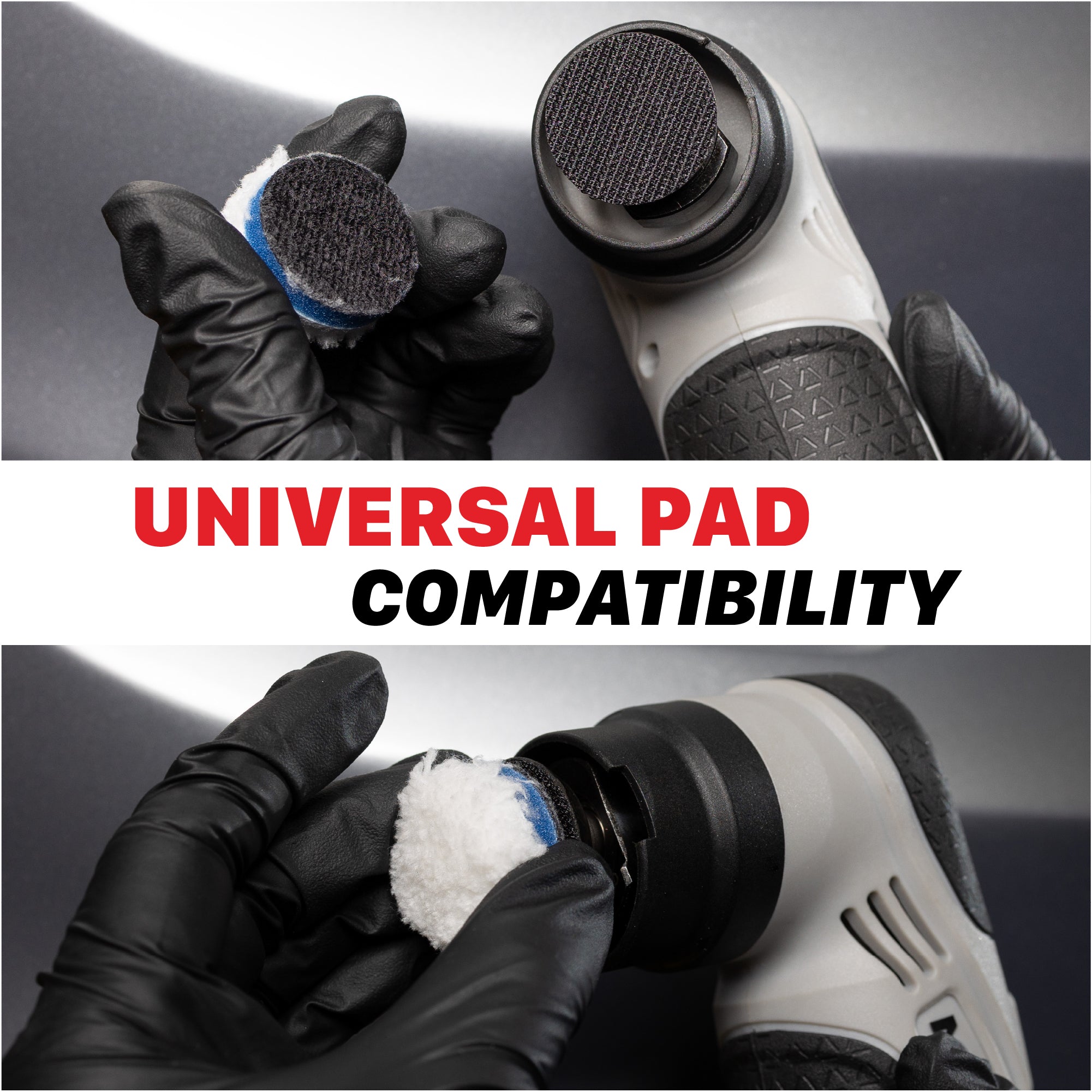 A collage showing a black and gray rotary tool with a polishing pad, demonstrated with black-gloved hands. A large text banner across the center reads 'UNIVERSAL PAD COMPATIBILITY'. M0312 V2 Cordless Dual Action Polisher