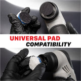 A collage showing a black and gray rotary tool with a polishing pad, demonstrated with black-gloved hands. A large text banner across the center reads 'UNIVERSAL PAD COMPATIBILITY'. M0312 V2 Cordless Dual Action Polisher
