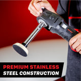 A person holding a black and silver rotary tool with a circular cutting attachment, shown against a red and white background with a text overlay that reads 'PREMIUM STAINLESS STEEL CONSTRUCTION'. 7015812 Shaft Extension Set for Rotary Polishers
