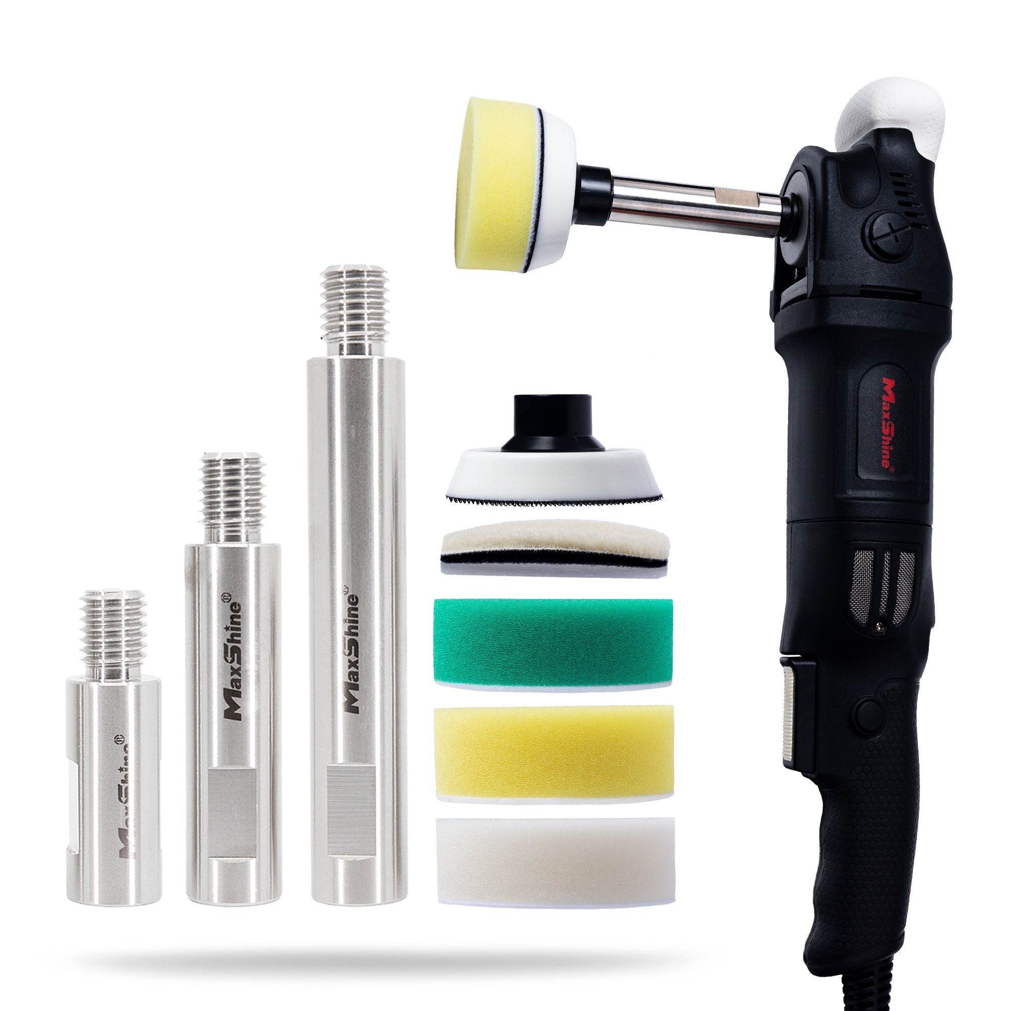 A black rotary polisher shown with 3 silver metal extension shafts and a stack of four 3" interchangeable pads in wool, green, yellow, and white, and a black and white rotary backing plate, all on a clean white background. 7015812-KIT3 Shaft Extension Set for Rotary Polishers