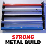 A set of five PPF or vinyl rolls mounted horizontally on a black metal rack, shown against a white background with a large text overlay at the bottom reading 'STRONG METAL BUILD' in red and black. H20 Wall Mounted Film Hanger - PPF and Vinyl 5 Roll Holder