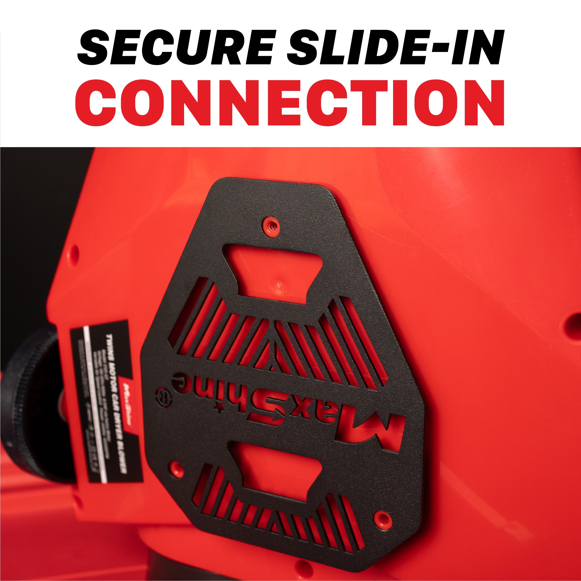 A close-up of a red car dryer with a black MaxShine slide-in connection plate, under the text 'SECURE SLIDE-IN CONNECTION' on a white background. H16 H17 Touchless Car Dryer Wall Mounts