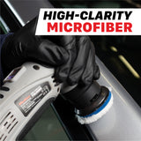 A gloved hand uses a mini cordless polisher with a microfiber pad on a car door panel. A white text banner at the top reads 'HIGH-CLARITY MICROFIBER'. M0312 V2-PK Mini Cordless Polishing Pads Kit