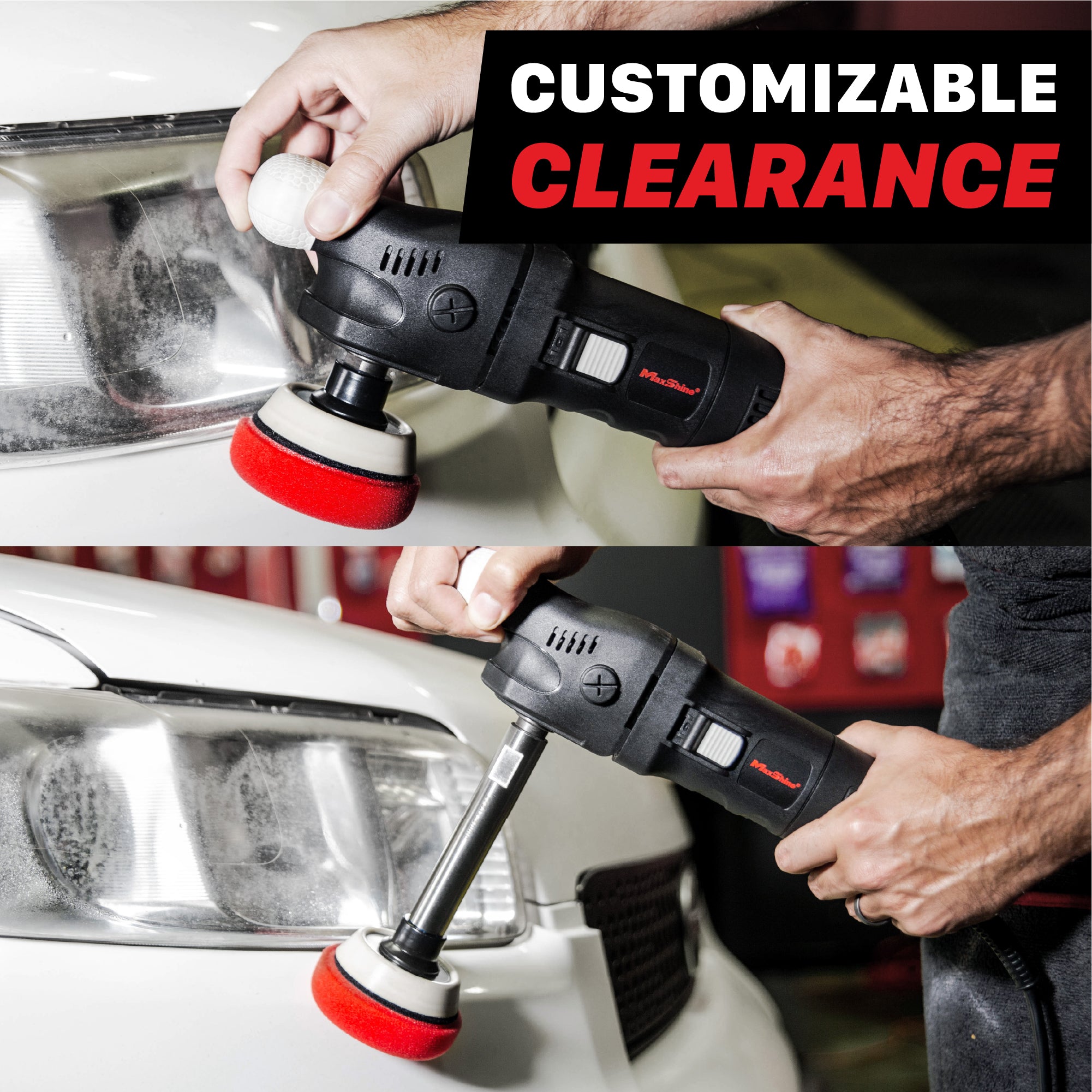 A two-panel demonstration showing a black rotary polisher with a red and white foam pad being used on a white car headlight. A black banner at the top reads 'CUSTOMIZABLE CLEARANCE' in white and red text. 7015812 Shaft Extension Set for Rotary Polishers