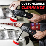 A two-panel demonstration showing a black rotary polisher with a red and white foam pad being used on a white car headlight. A black banner at the top reads 'CUSTOMIZABLE CLEARANCE' in white and red text. 7015812 Shaft Extension Set for Rotary Polishers