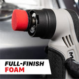 A close-up of a foam pad attached to a mini cordless polisher. A gloved hand is holding the tool, and a white text banner at the bottom reads 'FULL-FINISH FOAM'. M0312 V2-PK Mini Cordless Polishing Pads Kit