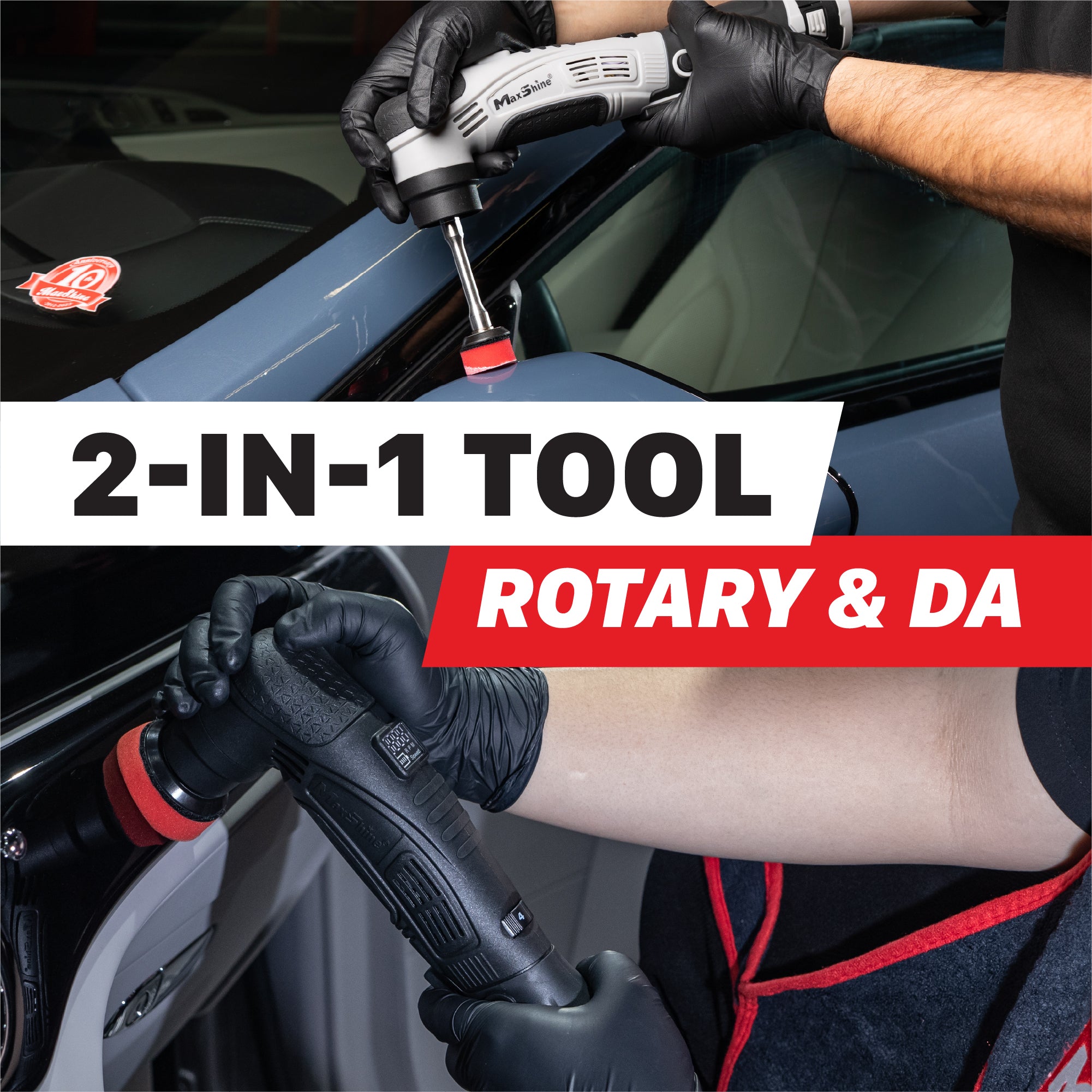 A 2-in-1 rotary and DA tool being used on the painted portion of a car mirror, shown in a split-screen lifestyle image with the black color version of the tool polishing piano black interior trim and prominent text overlay reading '2-IN-1 TOOL' and 'ROTARY & DA'. M0312 V2 Cordless Dual Action Polisher