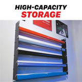 A wall-mounted high-capacity storage rack holding multiple rolls of film in different colors, with large text at the top reading 'HIGH-CAPACITY STORAGE'. The rack appears black with visible rolls in multiple colors against a light wall. H20 Wall Mounted Film Hanger - PPF and Vinyl 5 Roll Holder