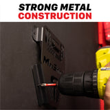 A close-up of a black metal mounting bracket being secured with a yellow cordless drill against a dark wall, with the text 'STRONG METAL CONSTRUCTION' at the top. H16 H17 Touchless Car Dryer Wall Mounts