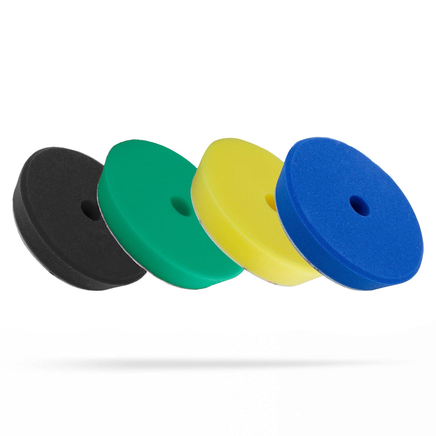 Four foam polishing pads in black, green, yellow, and blue, arranged in a row on a white background. Polisher Foam Pads | High Pro Polishing Pads Pack - 5in