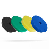 Four foam polishing pads in black, green, yellow, and blue, arranged in a row on a white background. Polisher Foam Pads | High Pro Polishing Pads Pack - 5in