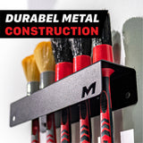 A black metal wall-mounted brush rack holding several brushes with red and black handles, mounted on a white wall. A black banner at the top reads “DURABLE METAL CONSTRUCTION” in white and red. H06A H06D Car Detailing Brush Holder