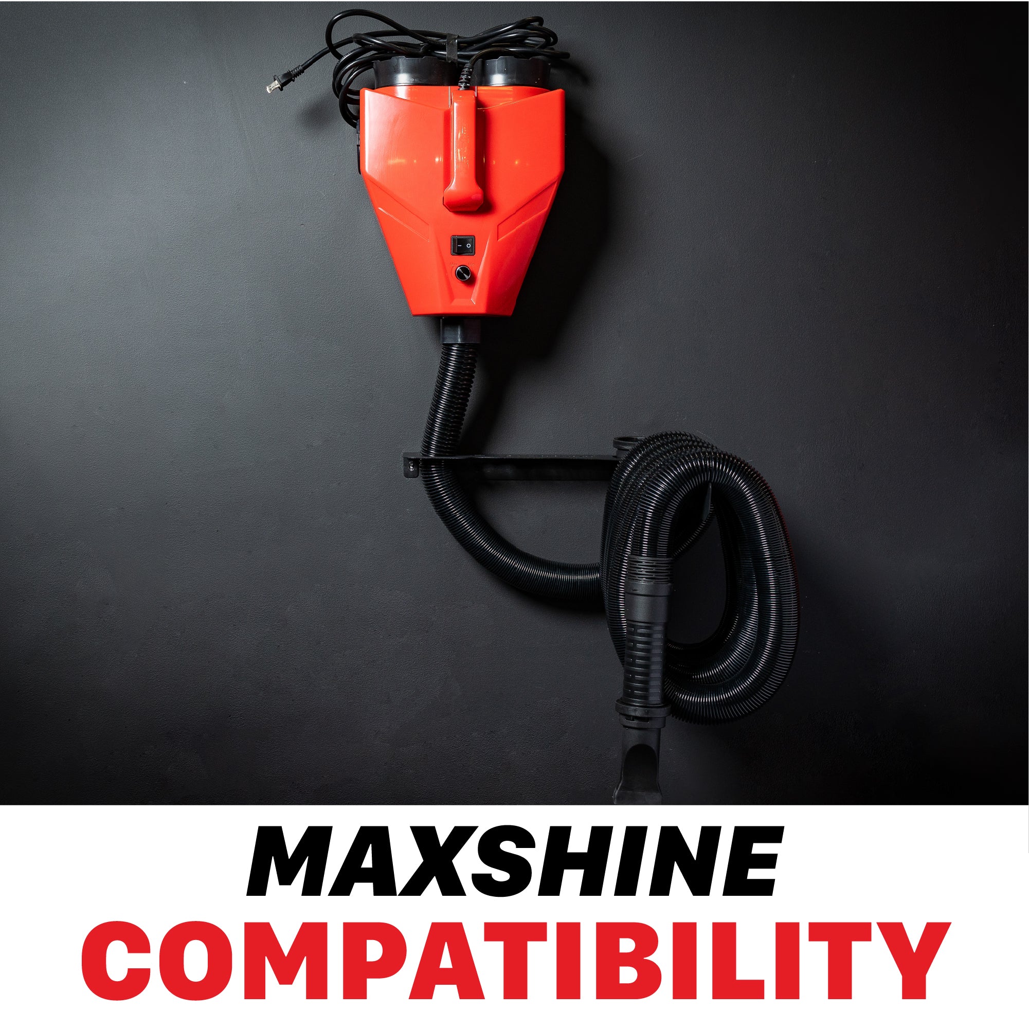 An red Maxshine wall-mounted dryer with a black hose, shown against a dark background with a white banner at the bottom reading 'MAXSHINE COMPATIBILITY'. H16 H17 Touchless Car Dryer Wall Mounts