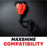 An red Maxshine wall-mounted dryer with a black hose, shown against a dark background with a white banner at the bottom reading 'MAXSHINE COMPATIBILITY'. H16 H17 Touchless Car Dryer Wall Mounts