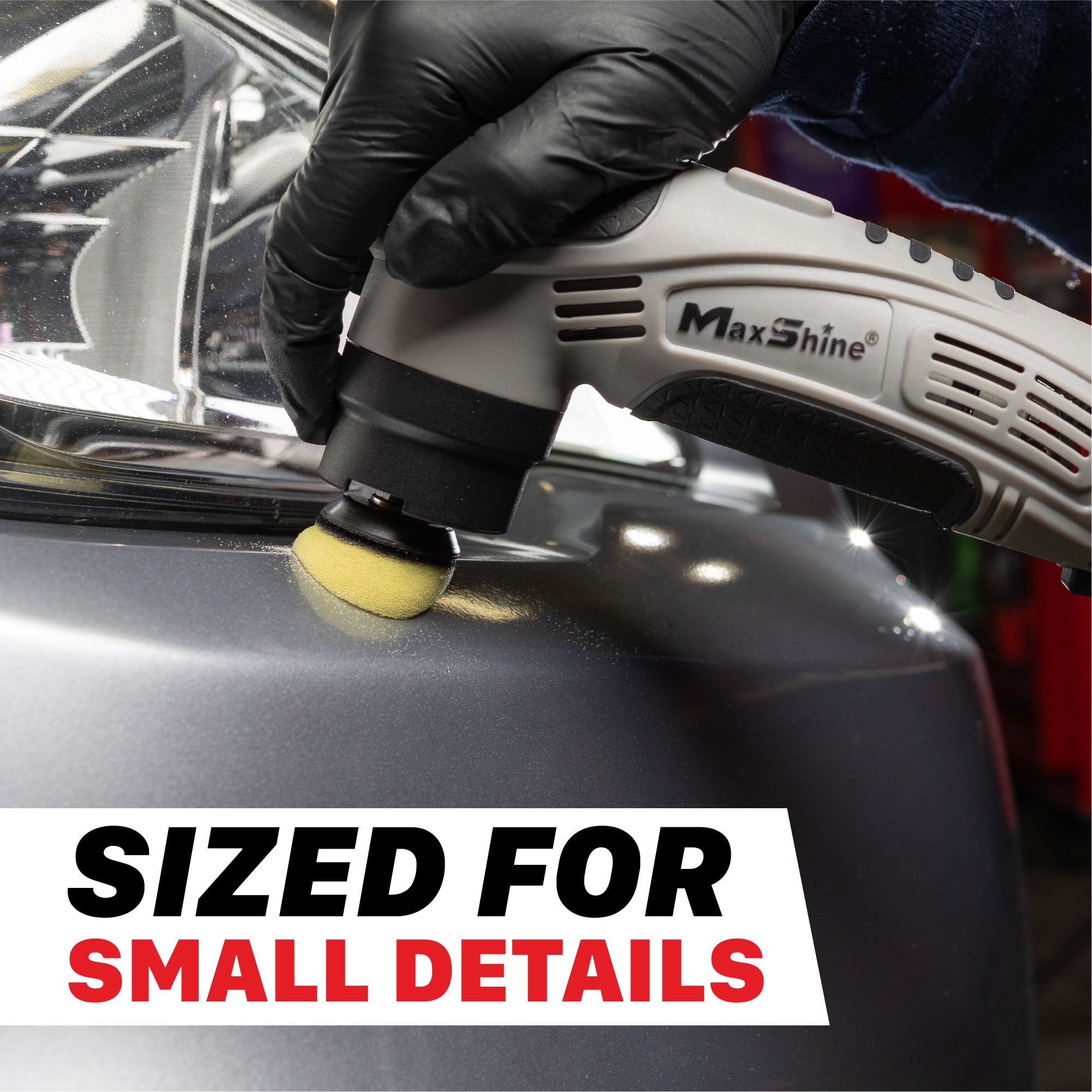 A gloved hand uses a MaxShine mini cordless polisher with a small yellow foam pad on a dark gray vehicle body. A white text banner at the bottom reads 'SIZED FOR SMALL DETAILS'. M0312 V2-PK Mini Cordless Polishing Pads Kit