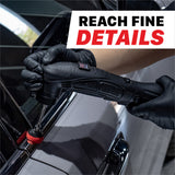 A person wearing black gloves uses a black cordless rotary tool to work on a car door frame. A white text banner at the top reads 'REACH FINE DETAILS'. M0312 V2 Cordless Dual Action Polisher