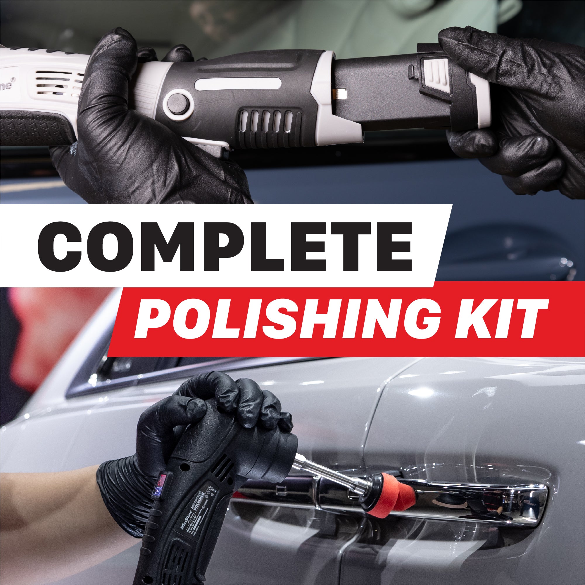 A composite promotional image for a complete polishing kit. The top half shows gloved hands holding a black and silver rotary polisher against a blurred car background. M0312 V2 Cordless Dual Action Polisher