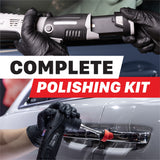 A composite promotional image for a complete polishing kit. The top half shows gloved hands holding a black and silver rotary polisher against a blurred car background. M0312 V2 Cordless Dual Action Polisher