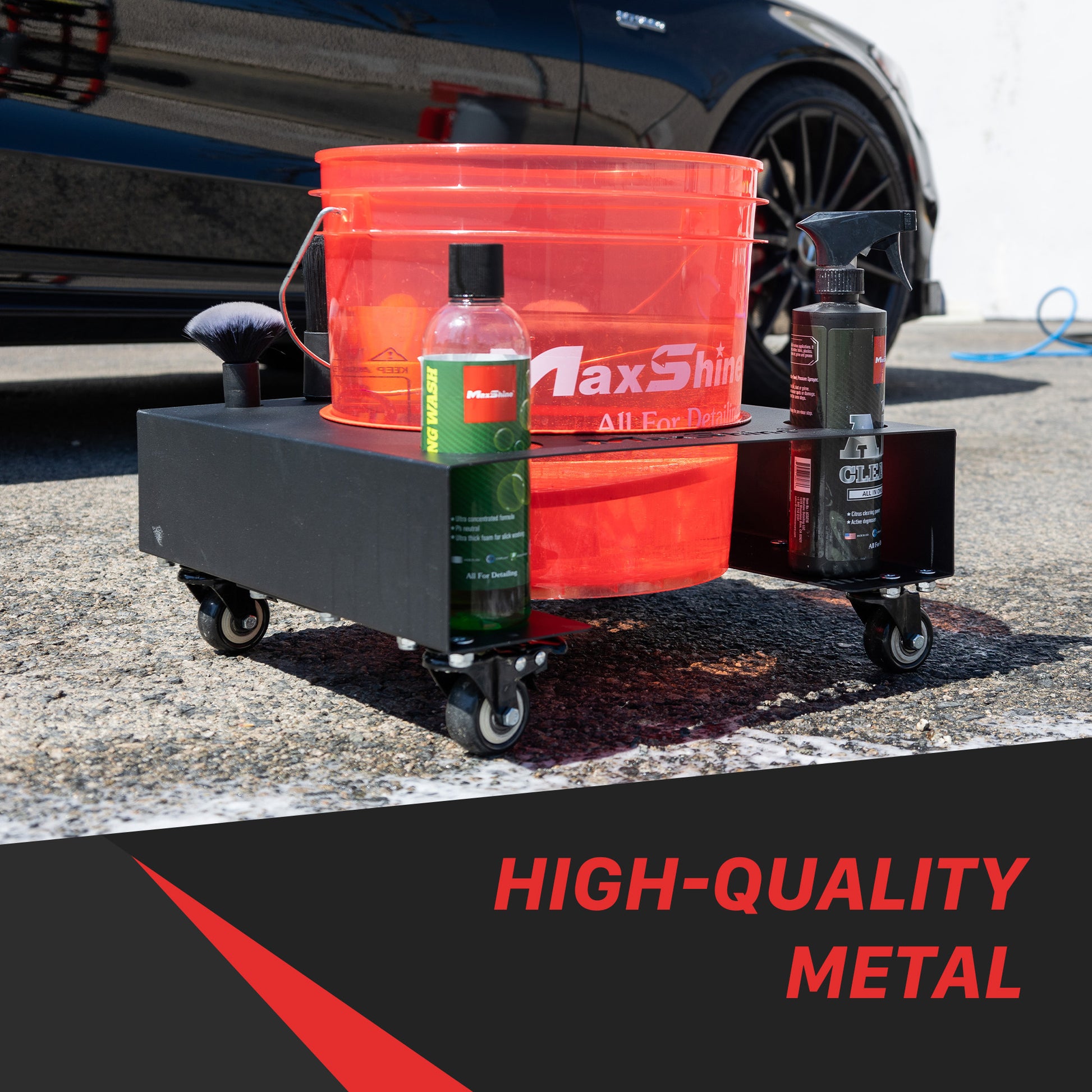 GRIT GUARD Bucket Dolly With Wheels - Rolling Detailing Wash Bucket With 5 Wheels And 2 Locking Casters Compatible With 2.5, 4, 5 And 6 Gallon Buckets (Red, 2" Red Casters