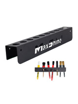 A black metal brush holder rack with multiple circular pegs, branded MaxShine in white text. The main rack is shown above a smaller inset view of the same holder holding several detailing brushes all on a plain white background. H06A H06D Car Detailing Brush Holder