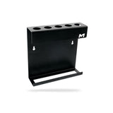 A black metal wall-mounted rack with five circular holes on the top panel, two wall mounting spaces on the back, and a lower shelf, shown on a white background with a faint shadow. H06C Wall Mount Tool Holder